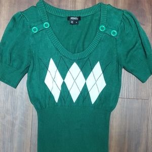 XOXO WOMENS SM SHORT SLEEVE SWEATER DRESS SHIRT IN GREEN & WHITE